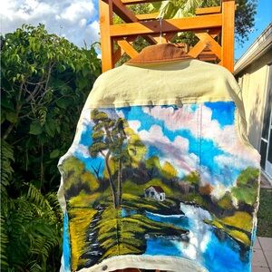 Altar’d State Hand Painted Bob Ross style Yellow Denim Jacket, Felt Collar, M